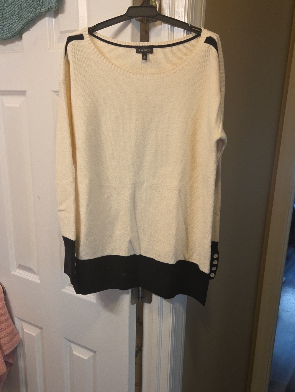 Talbots Cream Sweater with Black Trim and Button Cuffs